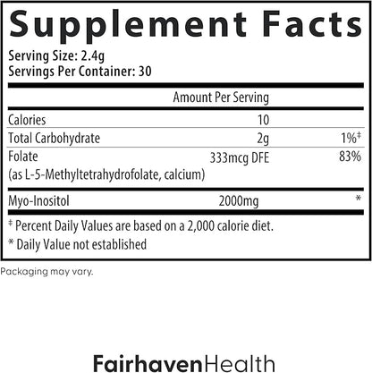 Fairhaven Health Folate and Myo Inositol Powder for Women - 1 Per Day, Female Fertility Supplement, Ovarian Health and Egg Quality - 2000 mg Myo-Inositol and 333 mcg Methylfolate – 30 Stick Packs