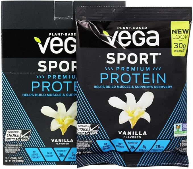 Vega Protein + Recovery - 30g Plant-Based Protein per Serving, Vanilla, 12 x 1.6oz Sachets, 5g BCAAs, Probiotics, NSF Certified, for Shakes & Smoothies, (Packaging May Vary)