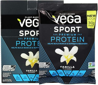 Vega Protein + Recovery - 30g Plant-Based Protein per Serving, Vanilla, 12 x 1.6oz Sachets, 5g BCAAs, Probiotics, NSF Certified, for Shakes & Smoothies, (Packaging May Vary)