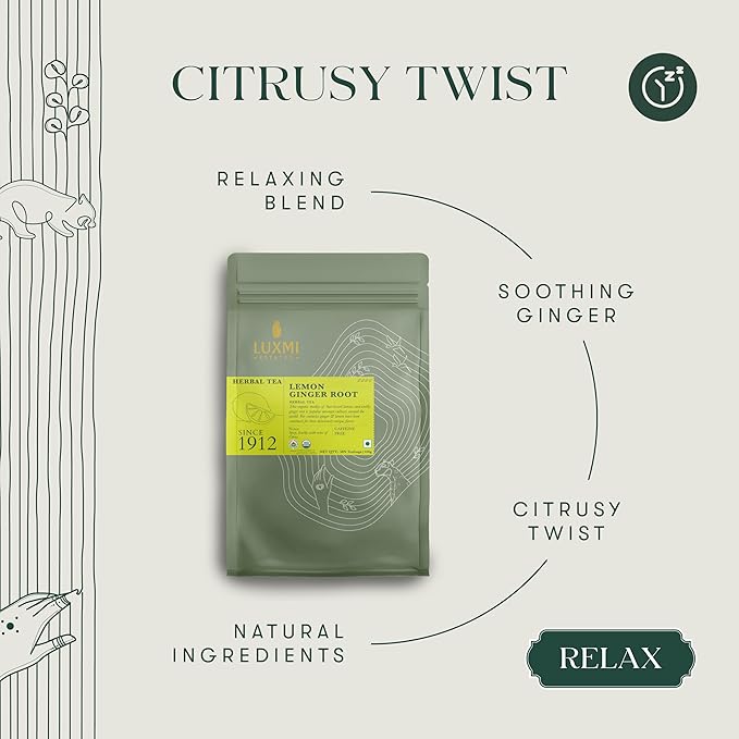 Luxmi Estates Organic Lemon Ginger Root Tea for Digestion & Immunity | Caffeine Free | 50 Biodegradable Teabags (50 cups)