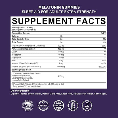 Melatonin Gummies 10mg 20mg for Adults, Melatonin 10 mg per Gummy with Ashwagandha, Magnesium Glycinate, GABA, L-theanine, Valerian Root and Lemon Balm, Rest Support Supplement, Grape Flavor, 60 Cts