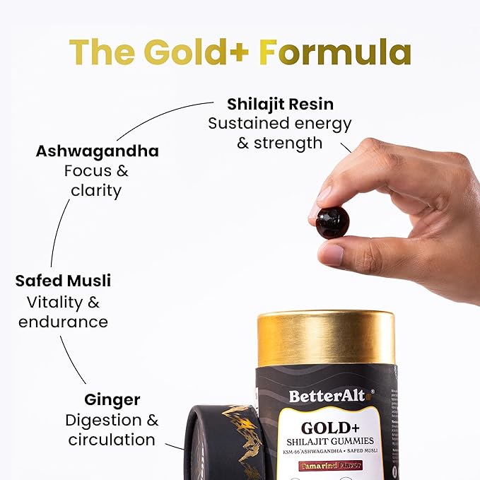 Better Alt Gold+ Shilajit Gummies | with Ashwagandha, Safed Musli,Shilajit Resin & Ginger |Helps Boost Energy & Improves Stamina |1-Month Dietary Supplement|60 Gummies