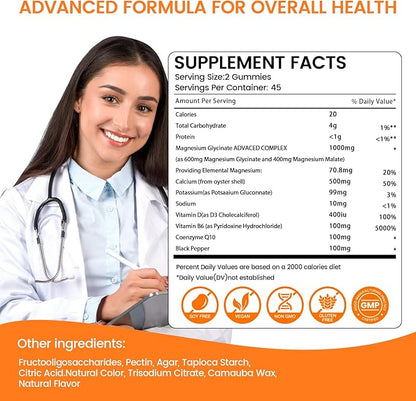 Magnesium Glycinate Gummies 1000mg, Sugar Free Magnesium Potassium Supplements Chewable for Adults with L-Threonate for Sleep, Body Support and Relaxation,90 Orange Gummies