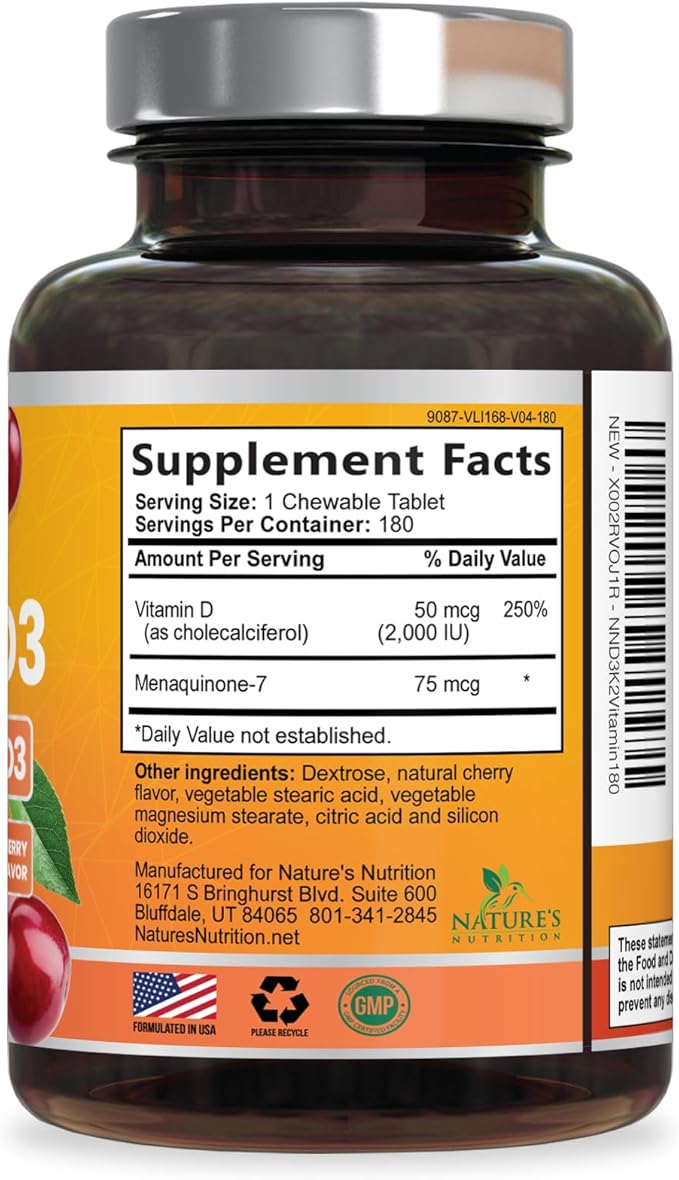 Vitamin D 2000 IU 50mcg Per Tablet - Vitamins D3 & K2 (MK7) Complex Supplement for Bone, Teeth, Muscle, Calcium Absorption, Supports Immune & Heart Health, Chewable Formula USA Bottled - 180 Tablets