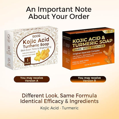 QOOQ Turmeric Kojic Acid Soap for Dark Spots Remover – Facial Cleansing Bar with Vitamin C, Retinol, Collagen, Vitamin E, Glycerin, Shea Butter & Castile Olive Oil – Soap for Women & Men (100g)