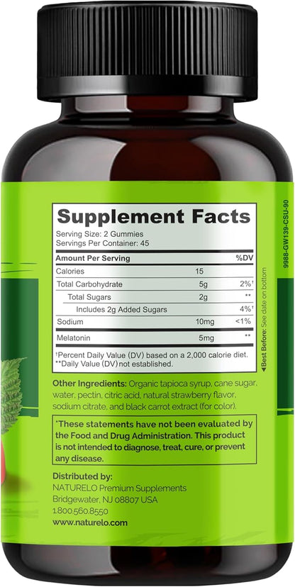 NATURELO Melatonin Gummies – Non-GMO, Gluten-Free, Soy Free - Strawberry Flavor - Gentle Sleep Supplement - 180 Vegetarian Gummies (Pack of 2)