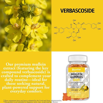 Mullein Gummies, 2000mg Organic Mullein Leaf Extract with Quercetin, Bromelain & Vitamin D3, Mullein Leaf Extract for Respiratory, Natural Lung Cleanse, Improve Appetite, Vegan, Non-GMO, 2 Pack