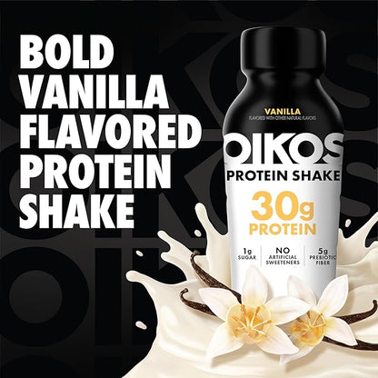 Oikos Protein Shake, Vanilla, 30g High Protein Drinks, Shelf Stable, Ready to Drink, 5g Prebiotic Fiber, 12 fl oz Bottle, 12 Count