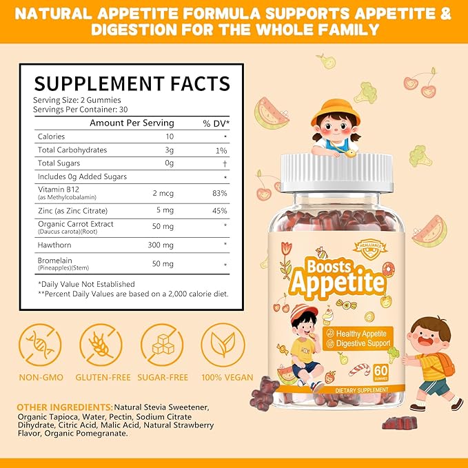 Appetite Booster Gummies for Kids Adults – Natural Blend of Hawthorn Zinc Carrot Supports Digestion Helps Increase Appetite, Promotes Healthy Eating Habits for Picky Eaters (Mixed Fruit Flavor)