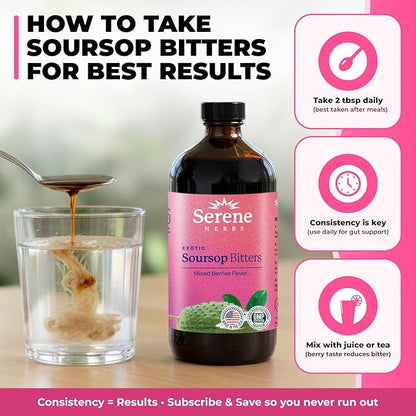 Serene Herbs Soursop Bitters Liquid - Organic Herbal Sour Sop Guanabana with Black Seed, Moringa, Irish Moss & Ginger – Gut Support, Energy & Immune Boost – Vegan, Non-GMO – Mixed Berry Flavor – 16 oz
