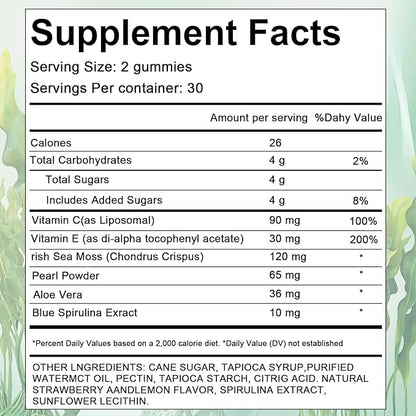 Hair Loss Gummies,Sea Moss Gummies with Vitamin C, Vitamin E, Aloe Vera, Pearl Powder Support Faster Hair Growth,Enhance Nail Elasticity,Promot Radiant Skin,Gluten-Free - 60 Count