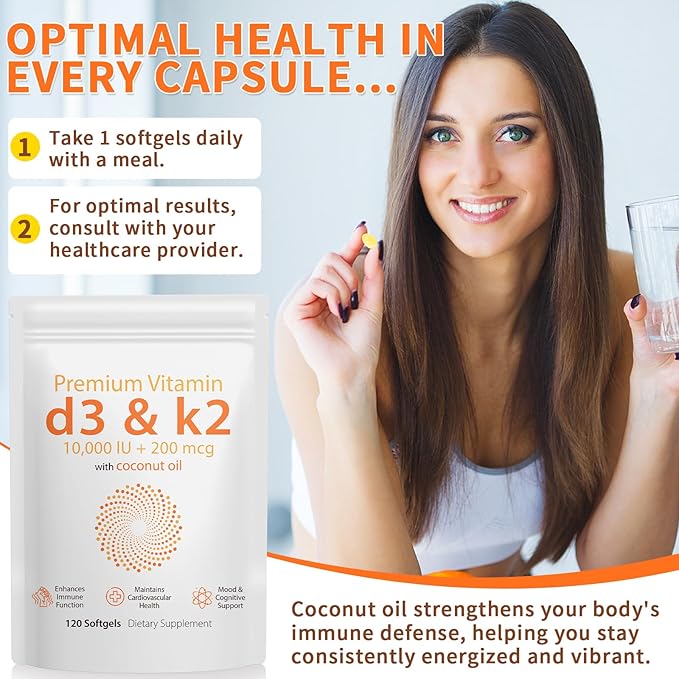 Daiasns Vitamin D3 K2 10000iu Supports Muscle & Brain Health -High-Potency D3 K2 Supplement Helps in Immune and Cardiovascular Support - 120 Softgels