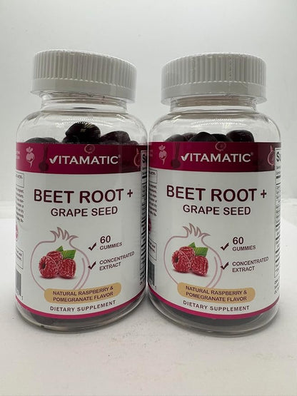 Vitamatic Beet Root Gummies 400mg with B6 (2mg), B12, Grape Seed, Pomegranate & Nicotinamide – Plant-Based Extract – Vegan, Non-GMO – Botanical Supplement Gummies – 60 Count - 2 Pack (120 Count)