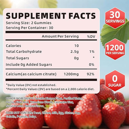 Calcium Citrate Gummies 1200mg, Chewable Calcium Supplement for Women & Men, Sugar Free Calcium for Bone, Muscle & Immune Support, Gluten Free, Vegan, Non-GMO, Strawberry Flavor, 120 Count
