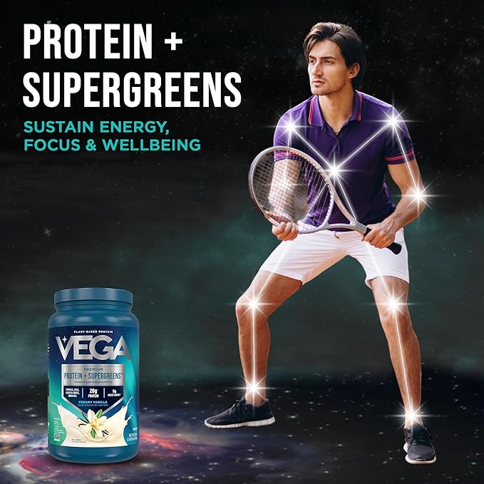 Vega Premium Protein + Supergreens - 20g Protein, Creamy Vanilla, 25 Servings, Spinach,Kale, Alfalfa Grass, Broccoli, 0g Added Sugar, Non-GMO, Gluten Free, Dairy Free, 1.68 lbs (Packaging May Vary)