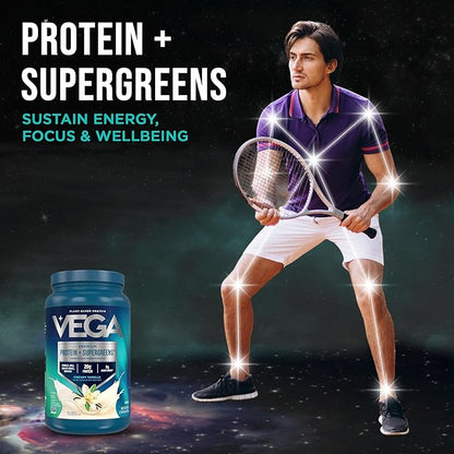 Vega Premium Protein + Supergreens - 20g Protein, Creamy Vanilla, 25 Servings, Spinach,Kale, Alfalfa Grass, Broccoli, 0g Added Sugar, Non-GMO, Gluten Free, Dairy Free, 1.68 lbs (Packaging May Vary)