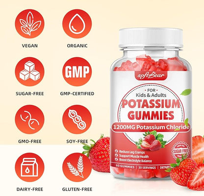 softbear Potassium Gummies for Adults, Sugar Free Potassium Chloride Gummies 1200mg Support Leg Cramps & Electrolyte Balance High Potency Potassium Supplement, Strawberry Flavor 120 Count