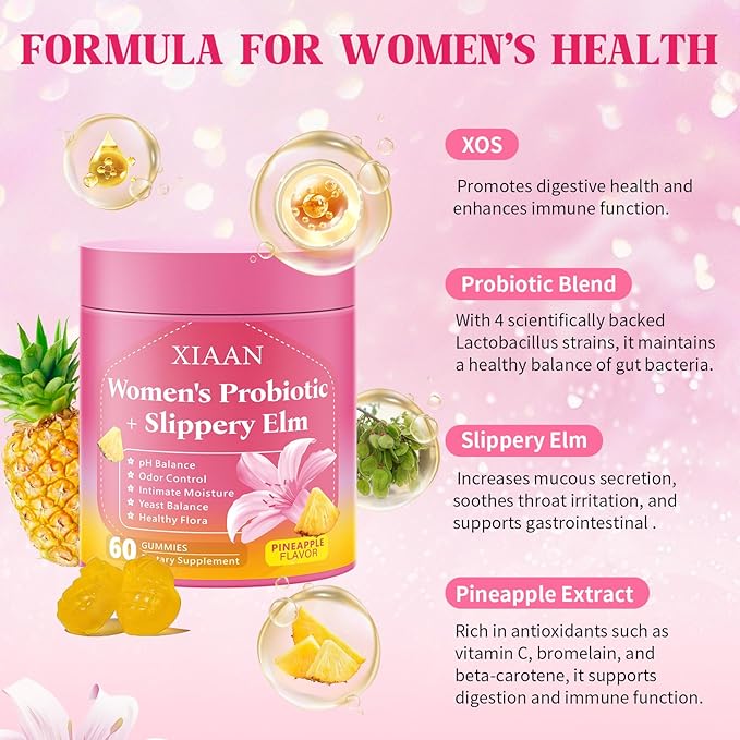 Women Probiotic Slippery Elm Gummies, Her Juicy Feminine Probiotics Supports pH Balance & Immune System, Vaginal Probiotic Gummies, Suagr-Free, Veagn, Pineapple Flavor, 60 Count