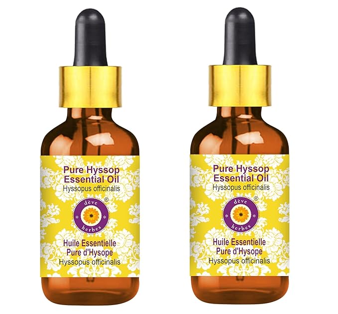 Deve Herbes Pure Hyssop Essential Oil (Hyssopus officinalis) with Glass Dropper Steam Distilled (Pack of Two) 100ml X 2 (6.76 oz)
