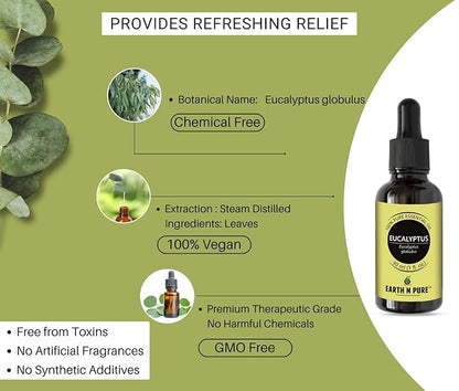 EARTH N PURE Eucalyptus Essential Oil (Nilgiri Oil) Steam Distilled, Undiluted, Natural, Therapeutic Grade 30 ML (Pack of 1) Transparent