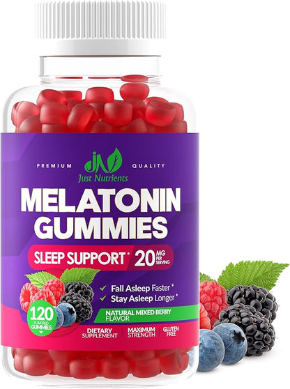 Melatonin 20mg Gummies (120 Count) - Maximum Strength Sleep Support for Adults with 10mg of Melatonin Per Gummy - Gluten-Free, Non-GMO, Vegetarian, Great Tasting Mixed Berry Flavor - 60 Servings