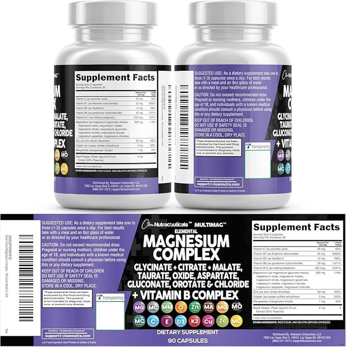 Clean Nutraceuticals Magnesium Complex with Magnesium Glycinate Citrate Malate Oxide Taurate Aspartate Orotate & Mag Chloride, Zinc Copper Manganese & Vitamin C B1 B2 B6 B12 Complex - 1Pack