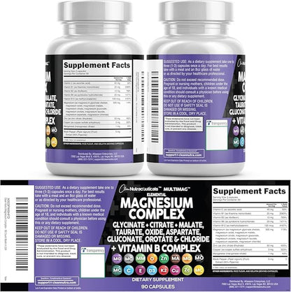 Clean Nutraceuticals Magnesium Complex with Magnesium Glycinate Citrate Malate Oxide Taurate Aspartate Orotate & Mag Chloride, Zinc Copper Manganese & Vitamin C B1 B2 B6 B12 Complex - 1Pack