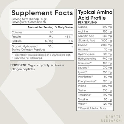 Sports Research® Organic Collagen Peptides - Hydrolyzed Type I & III Collagen Protein Powder Made Sustainably from Grass-Fed Cows - USDA Organic· Non-GMO · Gluten Free - Unflavored, 30 Servings