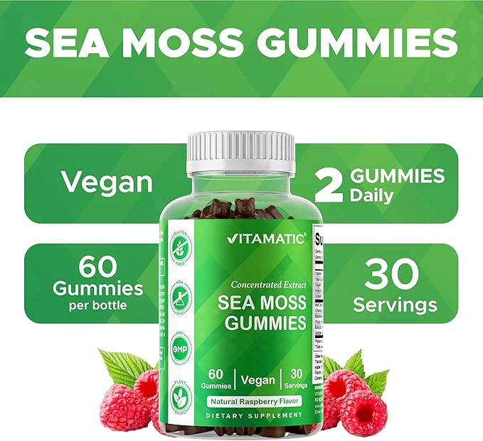 Vitamatic Irish Sea Moss Gummies with Bladderwrack & Burdock Root – Botanical Extract Supplement – Vegan, Non-GMO – 60 Count - 3 Pack