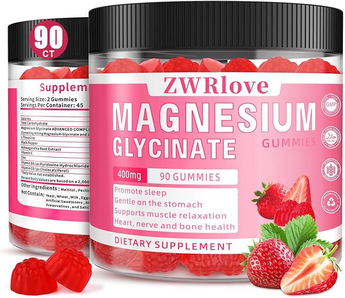 Magnesium Glycinate Gummies 400 mg with Ashwagandha,Magnesium Malate & L-Theanine for Women Men & Kids Adults,Chewable Complex Supplements for Sleep,Calm,Nerves,Heart,Muscles,90 Count