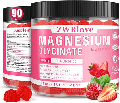 Magnesium Glycinate Gummies 400 mg with Ashwagandha,Magnesium Malate & L-Theanine for Women Men & Kids Adults,Chewable Complex Supplements for Sleep,Calm,Nerves,Heart,Muscles,90 Count