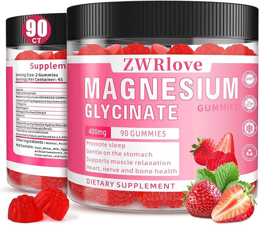 Magnesium Glycinate Gummies 400 mg with Ashwagandha,Magnesium Malate & L-Theanine for Women Men & Kids Adults,Chewable Complex Supplements for Sleep,Calm,Nerves,Heart,Muscles,90 Count