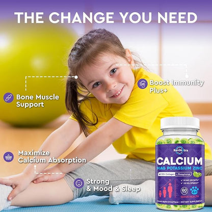 Calcium Potassium Magnesium Gummies for Kids & Adults, Magnesium Potassium Calcium Supplement for Kids, Sleep, Bone Strength, Density Support, Sugar Free, Juice Apple & Kiwi Flavor, 60 Gummies