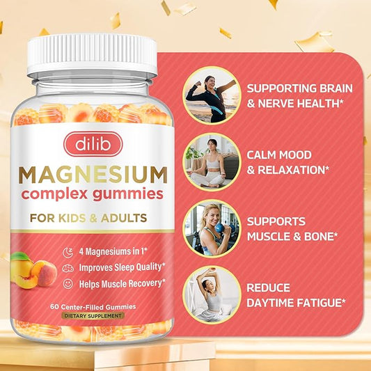 Magnesium Complex Gummies for Kids & Adults- Magnesium Glycinate, Taurate, Citrate, Malate Supplement-Support Calm Stress Relief, Bone, Muscle, Mood Vegan, Peach & Mango Flavor, 60 Gummies