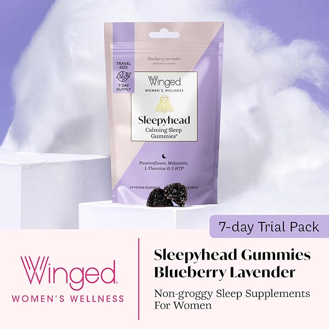 Winged Wellness Sleepyhead Natural Sleep Gummies for Women - Sleep Support Aid for Adults with 3mg Melatonin, L-Theanine, 5-HTP - Natural Gummy Supplement - Blueberry Lavender, 14 Vegan Gummies