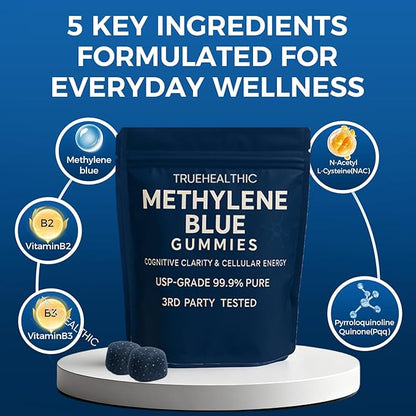 Methylene Blue Gummies with 5mg per Gummy, Cognitive Support & Mental Focus, 99.9% Pure, Vegan Non GMO Formula, Clean Ingredient Profile, Easy Gummy Format, 30 Gummies (1)