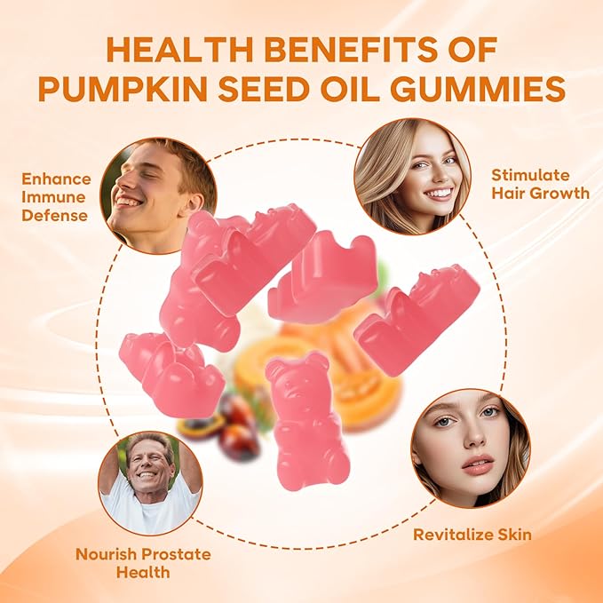 Pumpkin Seed Oil Gummies with Saw Palmetto, Organic Pumpkin Seed Oil Supplement, High-Purity Extract for Hair Growth, Skin Health, & Immune Support, Raspberry Flavor, 120 Count