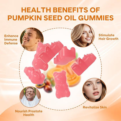 Pumpkin Seed Oil Gummies with Saw Palmetto, Organic Pumpkin Seed Oil Supplement, High-Purity Extract for Hair Growth, Skin Health, & Immune Support, Raspberry Flavor, 120 Count