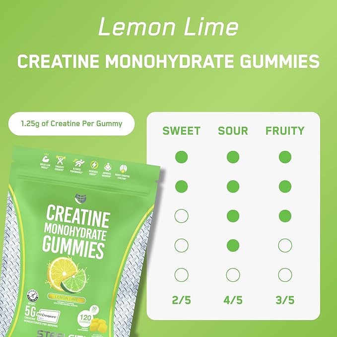 SteelFit Creapure Creatine Monohydrate Gummies for Men & Women, Lemon Lime - Gym Workout Nutritional Supplements for Muscle Gain, Brain Health & Strength Building Dietary Supplement, 120 Gummies