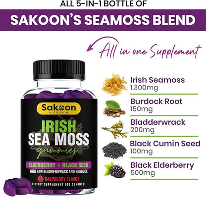 Sakoon nutrition Irish Sea Moss Gummies with Elderberry & Black Seed Oil - Overall Wellness Support | Rich in Vitamins, Raspberry Flavor | 60 Gummies