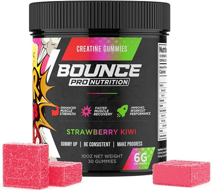 Bounce Pro Creatine Monohydrate Gummies for Men & Women, Low Calorie, 6G of Creatine per Serving, Vegan, Anti-Melting, Gluten-Free, Non-GMO (30 Count (Pack of 1), Strawberry Kiwi)
