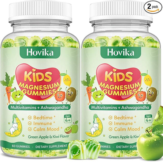 2 Pack Center-Filled Magnesium Glycinate Gummies for Kids - Magnesium Supplement Gummes with L-Theanine, Chamomile & Multivitamins for Sleep, Calm & Focus, Melatonin-Free - Green Apple & Kiwi, 60 CT