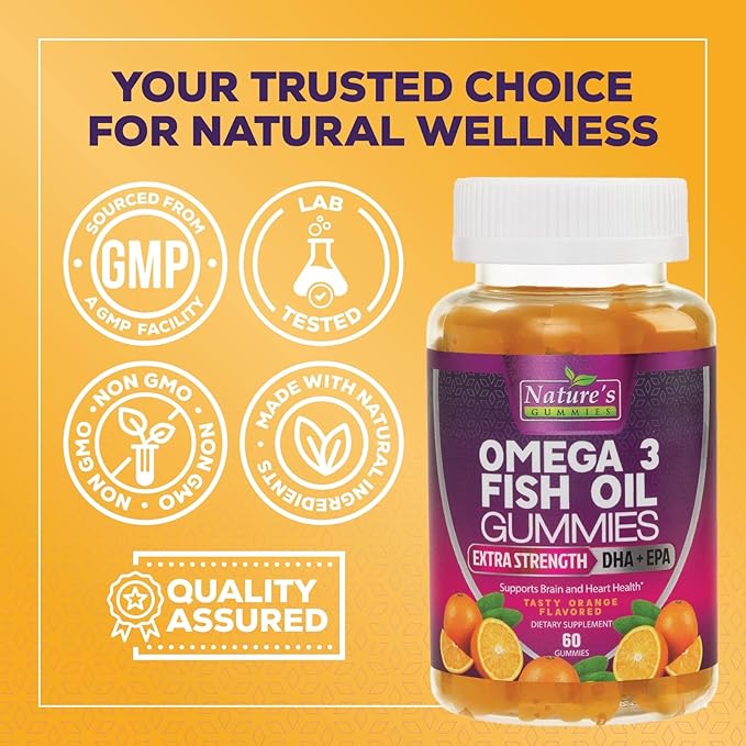 Omega 3 Fish Oil Gummies, Heart Healthy Omega 3 Gummy Supplement with High Absorption DHA & EPA, Extra Strength Joint & Brain Support, Delicious Orange Flavor Fish Oil Nature's Vitamin - 60 Gummies
