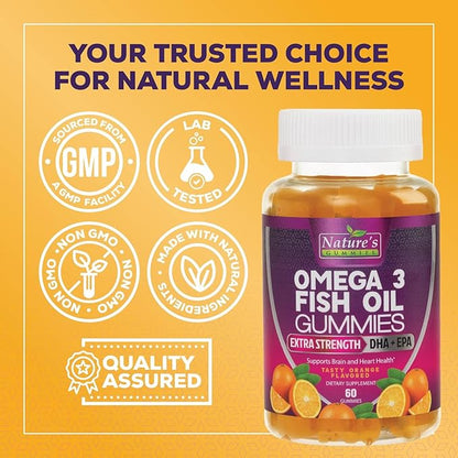 Omega 3 Fish Oil Gummies, Heart Healthy Omega 3 Gummy Supplement with High Absorption DHA & EPA, Extra Strength Joint & Brain Support, Delicious Orange Flavor Fish Oil Nature's Vitamin - 60 Gummies
