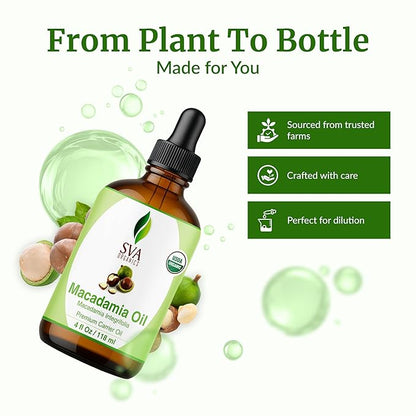 SVA Macadamia Seed Oil Organic - 4 Fl Oz – 100% Natural Cold Pressed Organic Macadamia Oil - for Face, Skin Care, Hair Care, Scalp Massage & Body Massage – Carrier Oil with Dropper