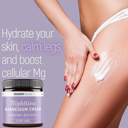 Magnum Solace Magnesium Lotion – Nighttime Magnesium Cream – Apply to Legs, Arms or Chest - Topical Magnesium Chloride – USA Made and Safe for Kids (Clary Sage)