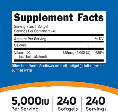 Nutricost Vitamin D3 5,000 IU (125mcg), 240 Softgels - Non-GMO and Gluten Free Vitamin D