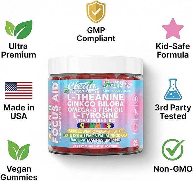Clean Nutra Kids Focus Gummies with L-Theanine, Ginkgo Biloba, Omega-3 Fish Oil, L-Tyrosine, Vitamin B6, B12 – 60 Count, Clean Label, Non-GMO, Vegan-Friendly SmartyPop Formula for Kids Support
