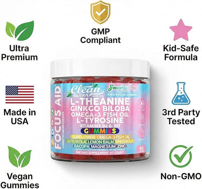 Clean Nutra Kids Focus Gummies with L-Theanine, Ginkgo Biloba, Omega-3 Fish Oil, L-Tyrosine, Vitamin B6, B12 – 60 Count, Clean Label, Non-GMO, Vegan-Friendly SmartyPop Formula for Kids Support