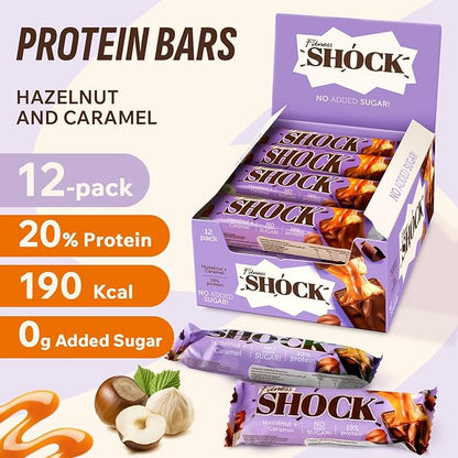 Fitness SHOCK Hazelnut Caramel Protein Bars - No Added Sugar, Low Calorie Low Carb Snack - 10g Protein, 0g Added Sugar, 190 Kcal, 16g Net Carbs - 12 x 50g